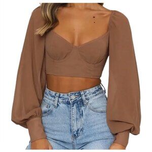 WHITE FOX BOUTIQUE Social Seduction Puff Sleeve Crop Top Blouse Chocolate XS
